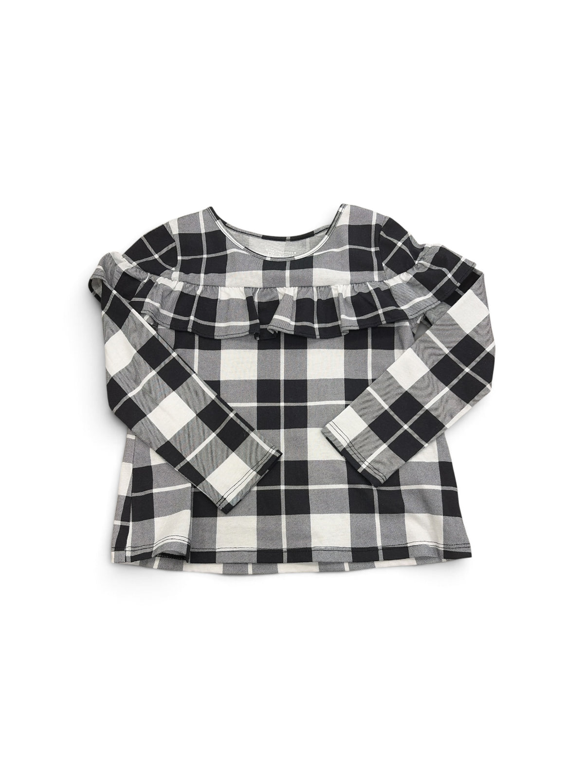 The Children's Place black and white plaid long sleeve shirt with a ruffled chest detail for toddlers.