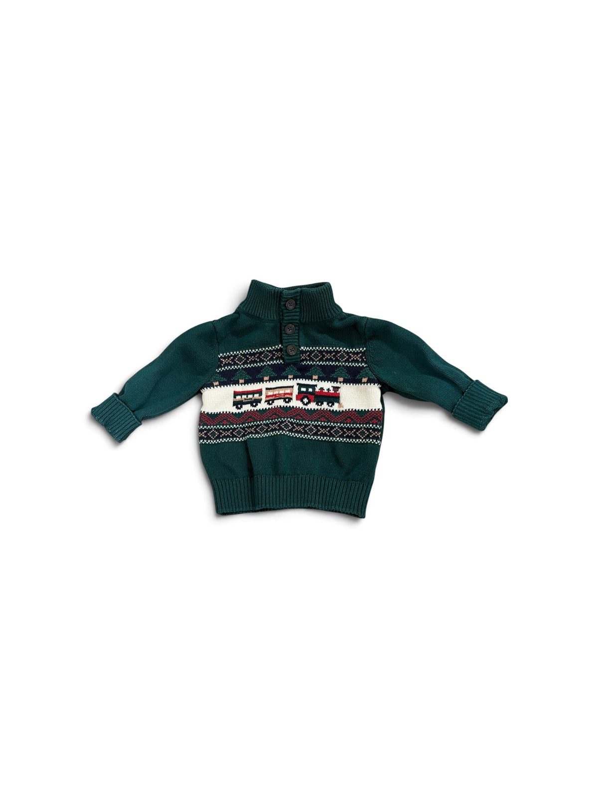 The Children's Place green knit sweater for toddlers featuring a train pattern and button-up mock neck collar.