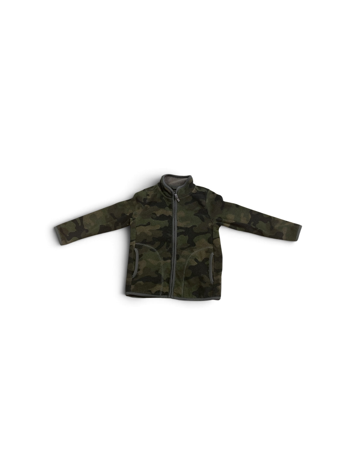 Uniqlo kids green camouflage fleece zip-up jacket with grey trim, size 3-4 years.