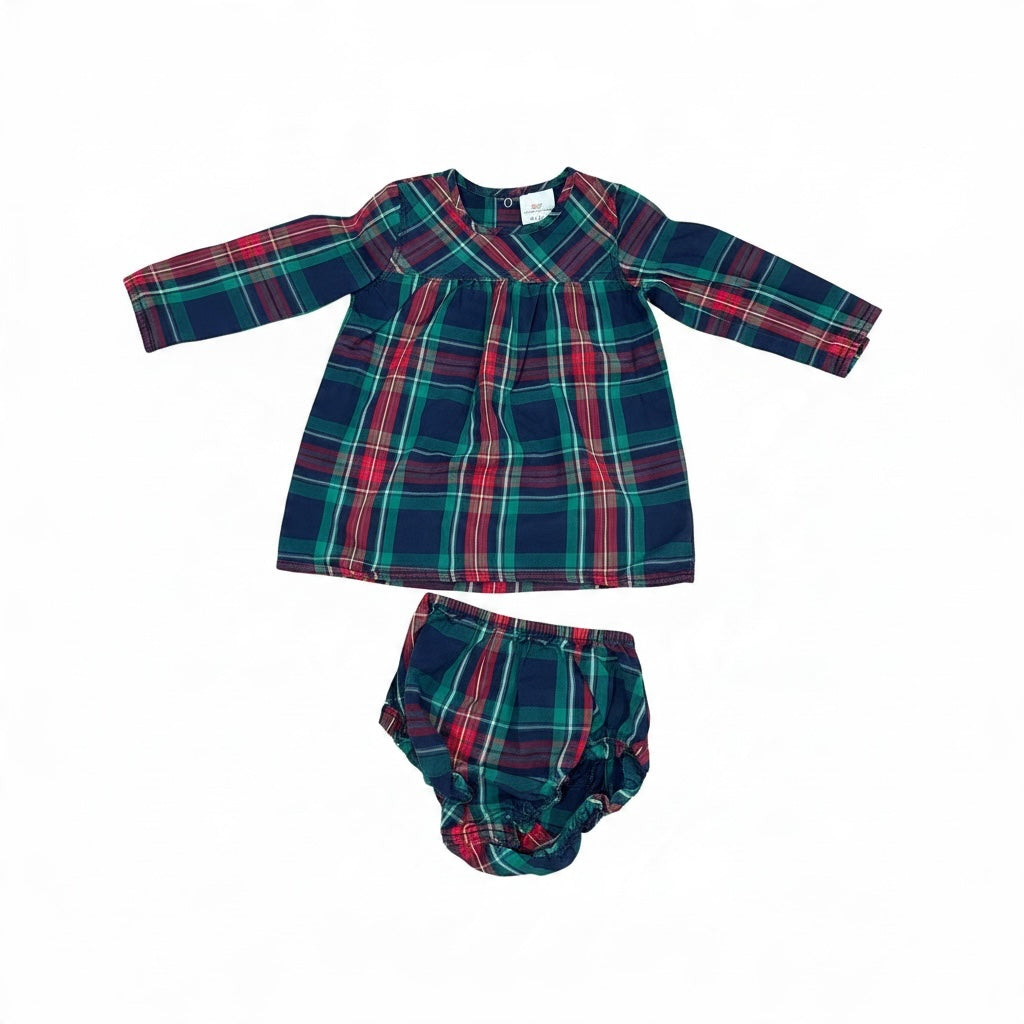 Vineyard Vines toddler girls plaid dress and matching diaper cover in blue, green, and red cotton.