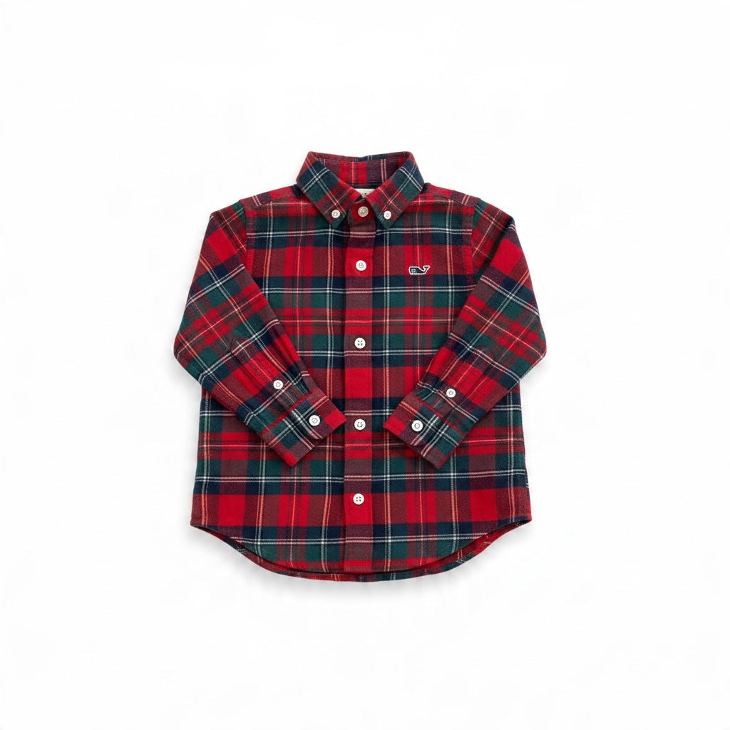 Toddler Vineyard Vines red and green plaid flannel button-down shirt with long sleeves and embroidered whale logo.