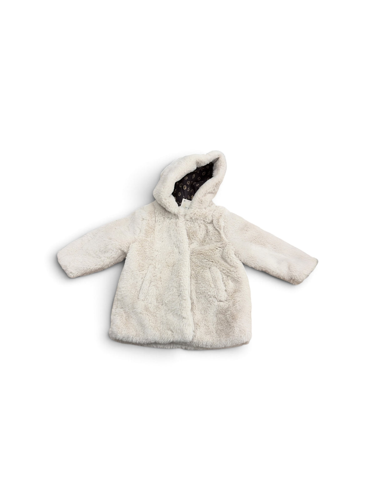 Beige Zara baby faux fur hooded coat with a patterned lining, size 2-3 years.