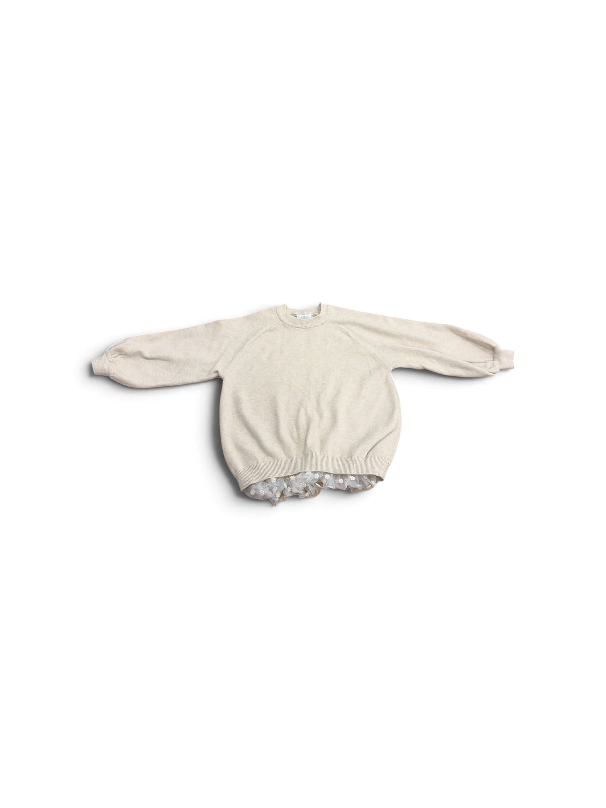 Zara beige long-sleeve sweater featuring a delicate floral tulle hem layer for girls aged 4-5 years.