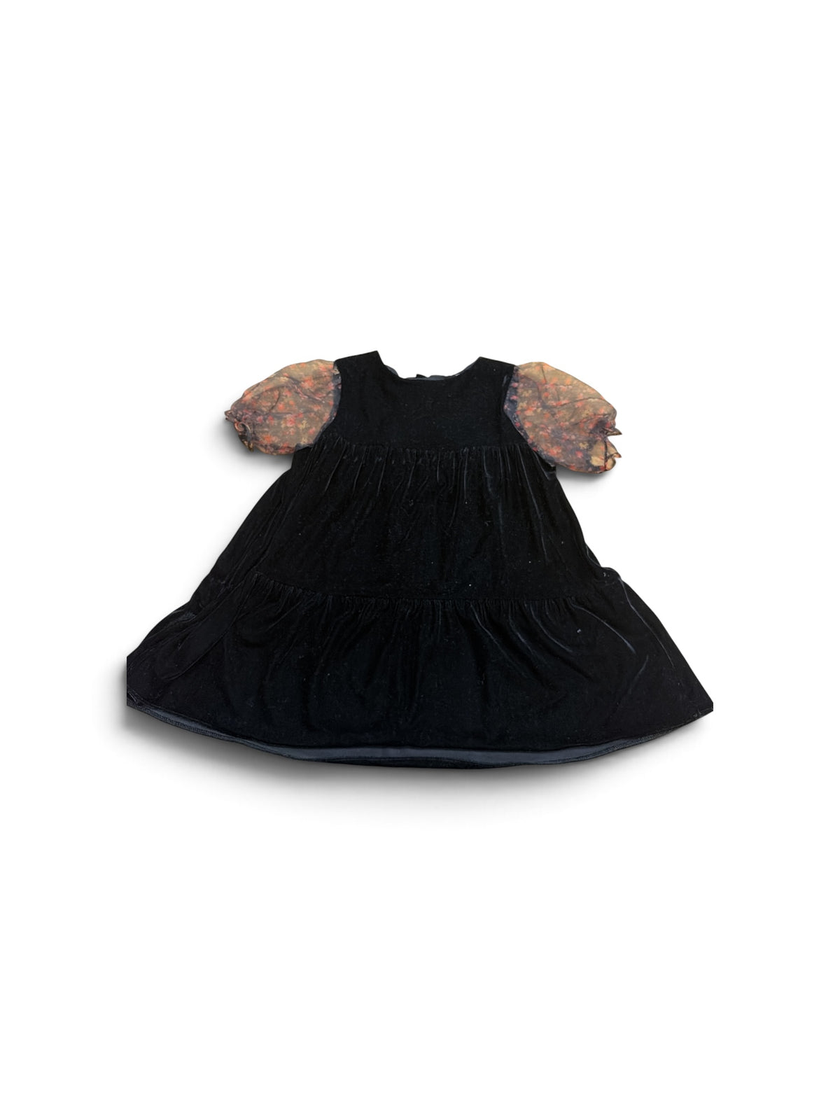 Zara toddler girl black velvet dress with floral puff sleeves and tiered skirt design.