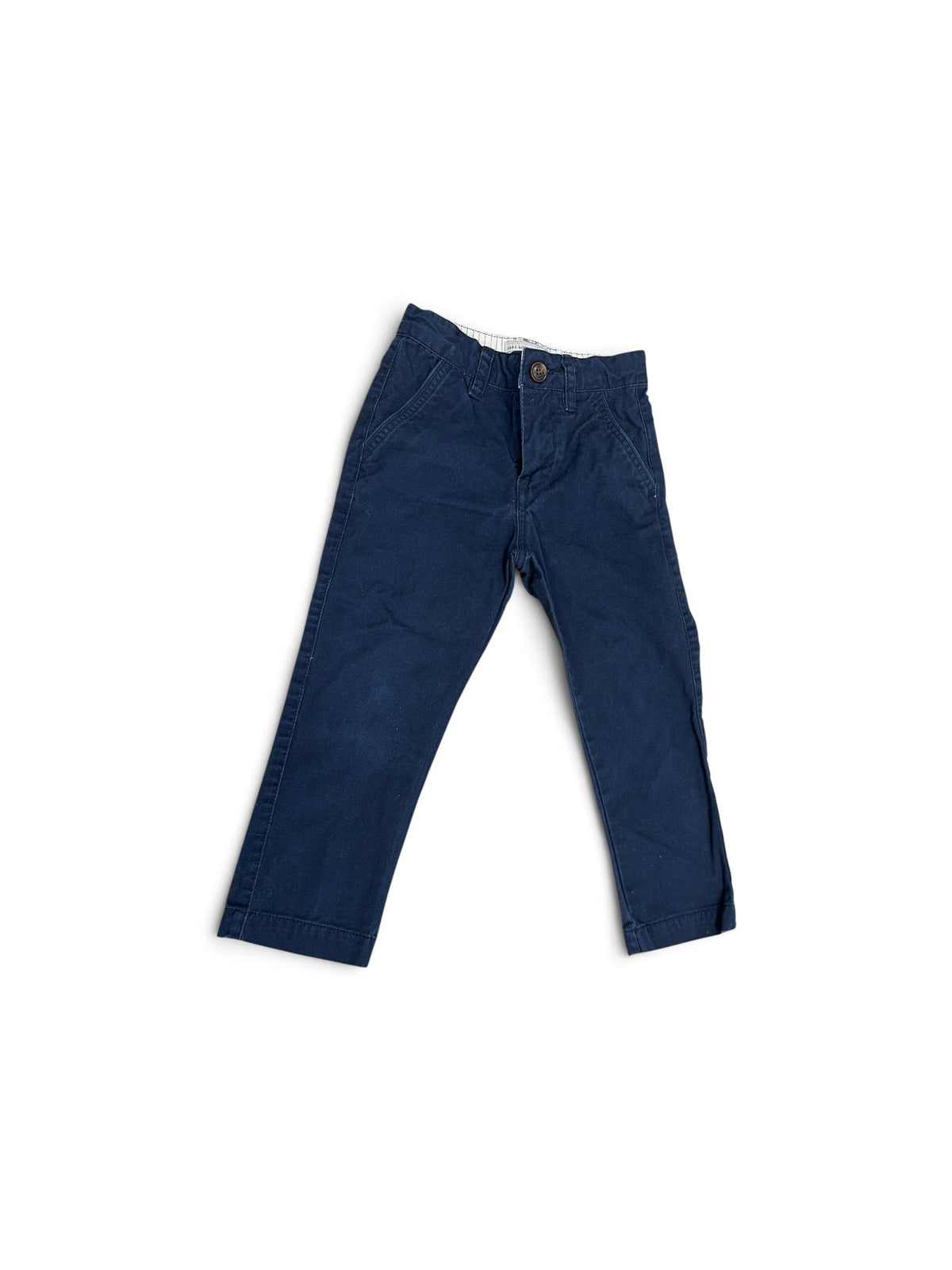 Zara boys navy blue cotton khaki trousers with button closure and front pockets.