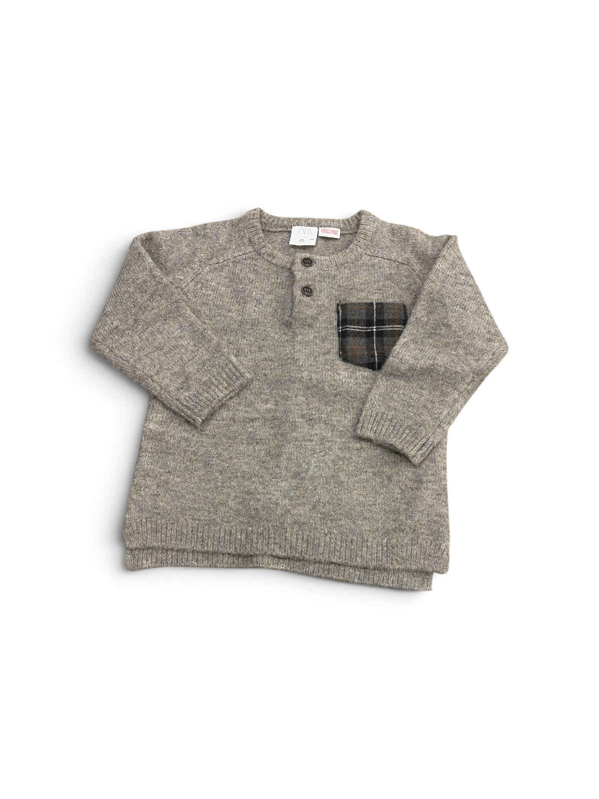 Zara baby brown knit sweater with a plaid chest pocket and button-up neckline, size 3-4 years.