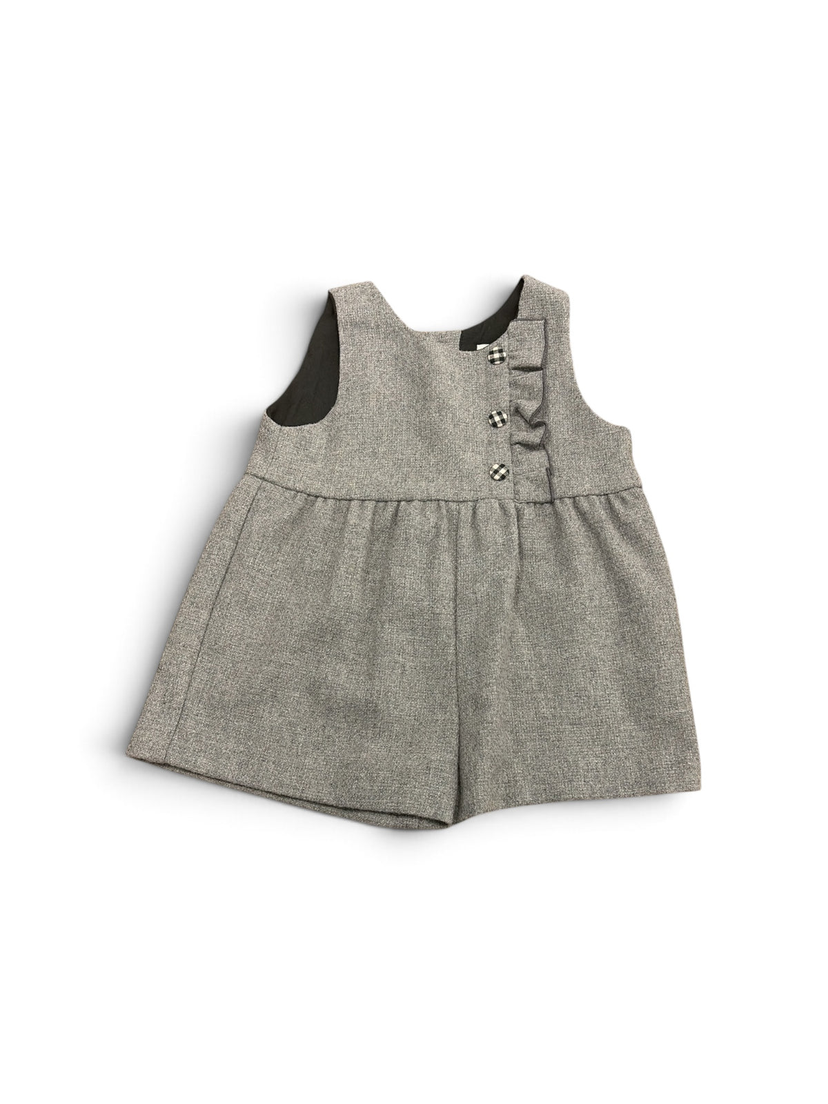 Zara baby gray sleeveless romper with ruffle trim and button detail, size 2-3 years.
