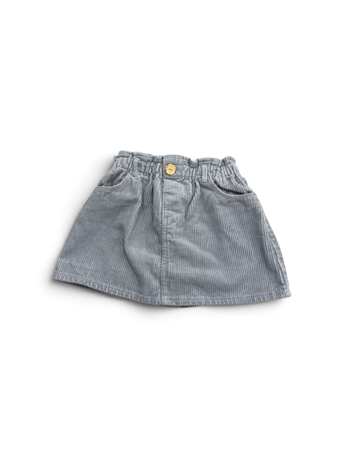 Zara gray corduroy skirt for toddlers with an elasticated paperbag waist and a single front button closure.