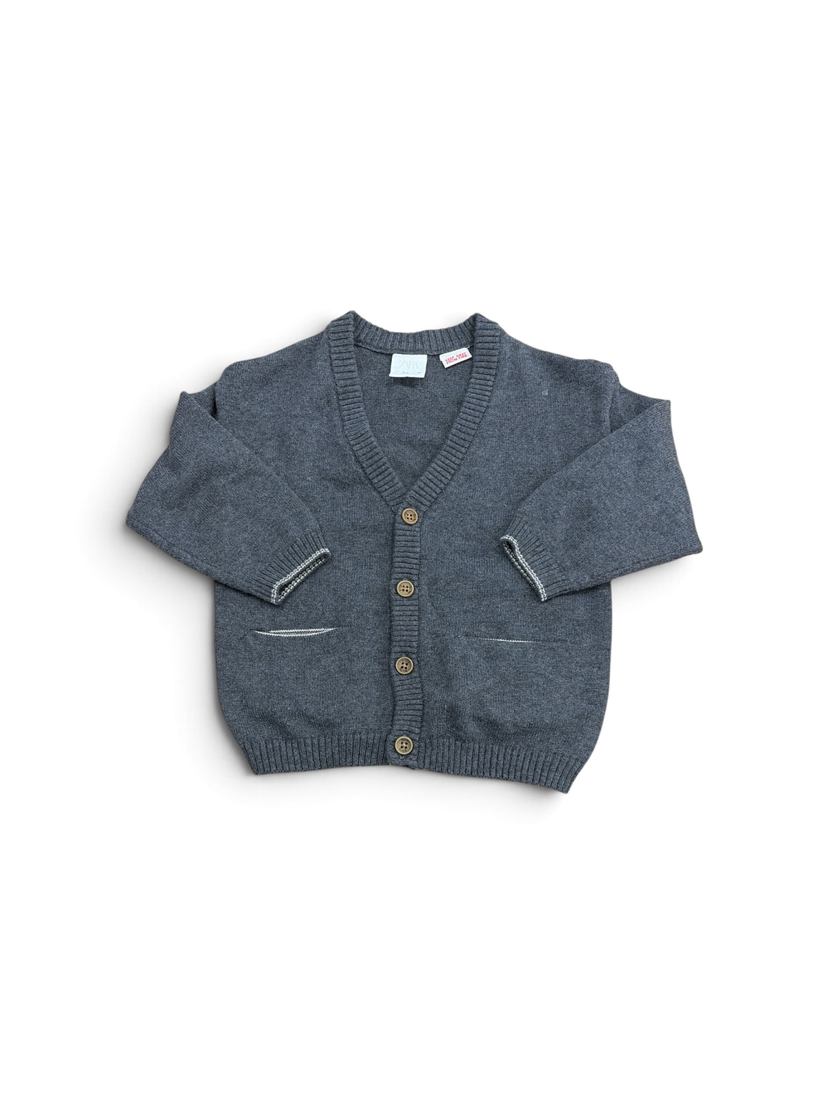 Zara toddler gray knit cardigan with button front, V-neck, and two front pockets.