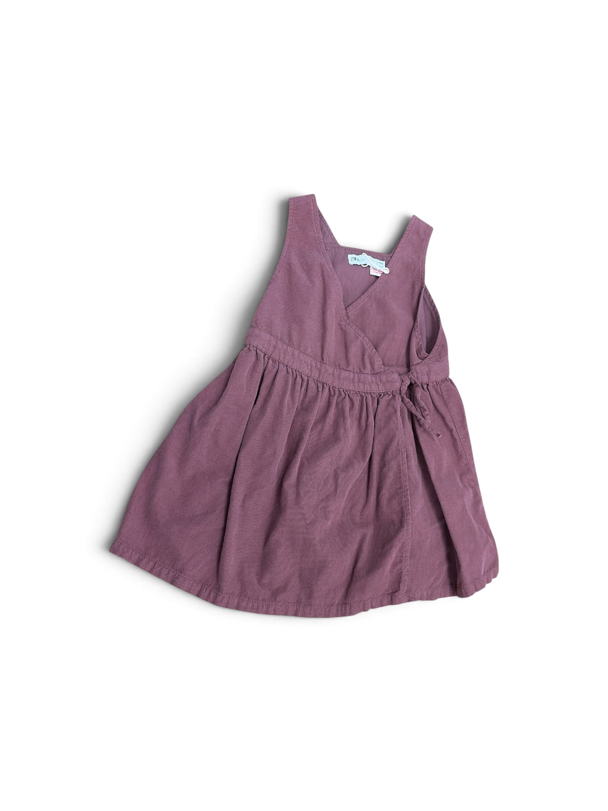 Zara baby maroon corduroy wrap-style jumper dress with a gathered waist and sleeveless design.